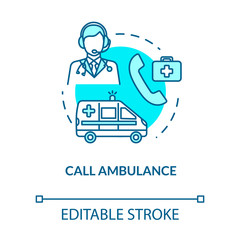 Call ambulance, medical assistance concept icon. First aid, life saving, emergency service call centre thin line illustration. Vector isolated outline RGB color drawing. Editable stroke