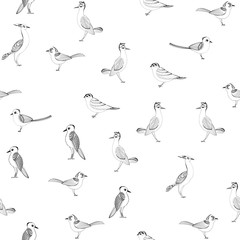 Forest birds hand drawn black ink seamless pattern.