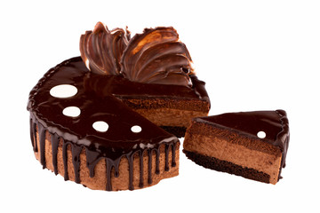Cut chocolate cake with chocolate glaze on white background