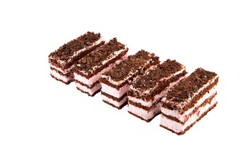 Pie chocolate-raspberry with chocolate chips on white background