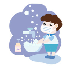 Vector illustration of a kawaii little boy wearing face mask is washing his hands by soap on white background. Cute child is cleaning his hand to prevent Corona virus or COVID19. World water day.