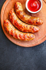 fried sausages, grilled meat or barbecue Menu concept, food background, keto or paleo diet. top view. copy space for text 