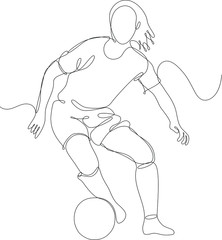 ragazza che gioca a calcio. Calcio femminile, sport di squadra, allenamento, competizione. Illustrazione a linea continua su sfondo bianco.