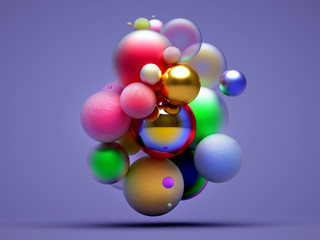 3d render of abstract art 3d composition with surreal small and big balls in matte and glossy metal and concrete rough materials painted in red blue purple and yellow gradient color on violet back