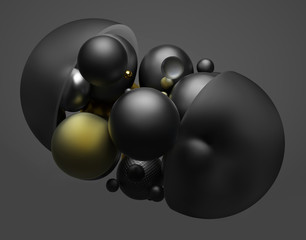 3d render of abstract art 3d composition with surreal flying opened cylinder capsule or pill with small balls inside in black metal gold and glass materials on dark grey background