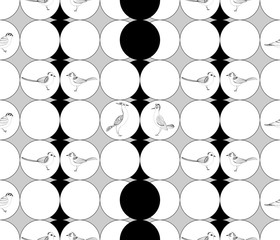 Geometric circles monochrome ornament with hands painted birds.