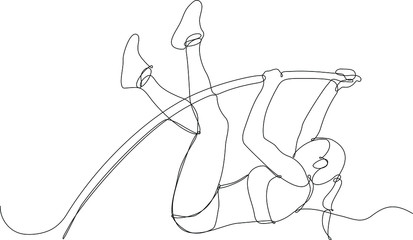 Ragazza che pratica salto con l'asta, illustrazione vettoriale a line continua su sfondo bianco