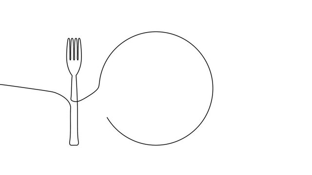 One continuous line of plate, knife and fork. 4K video animation with alpha channel.