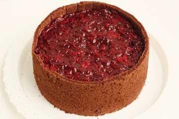 Delicious chocolate cake with cherries jam macro