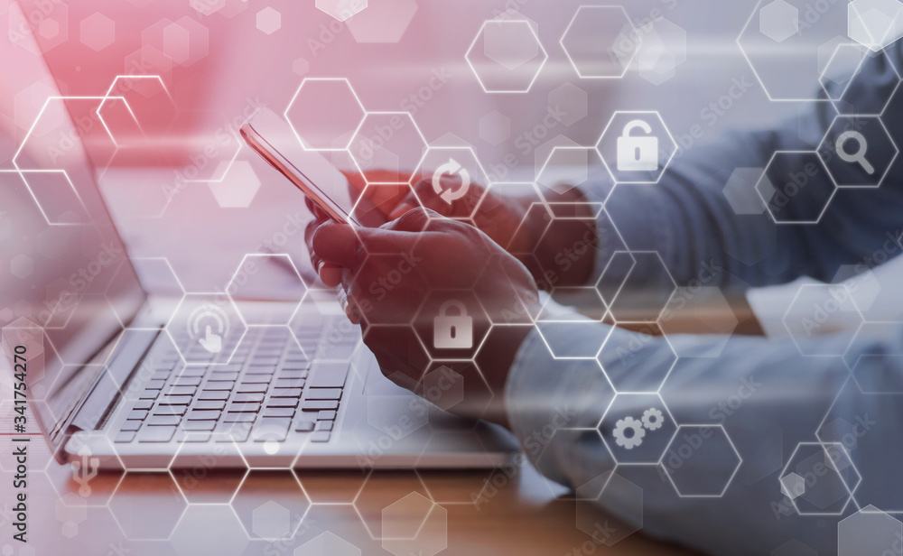 Aufkleber Black hacker holding phone with virtual display server data