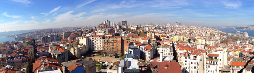 background photograph of a city top view from the Galata tower to the area around, with the Bosphorus Bay, Istanbul, Turkey 