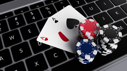 Poker Chips And Aces On The Laptop - Online Casino Concept - 3D Illustration