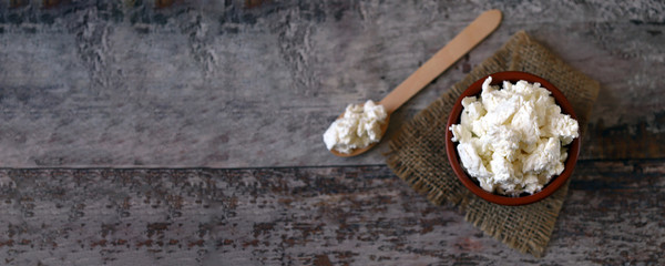 Fresh homemade cottage cheese. Dairy products.