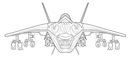 Military jet coloring page for book and drawing. Airplane. War-plane. Aircraft.Vector vehicle illustration. Bird. Graphic element. Plane. Black contour sketch illustrate Isolated on white background