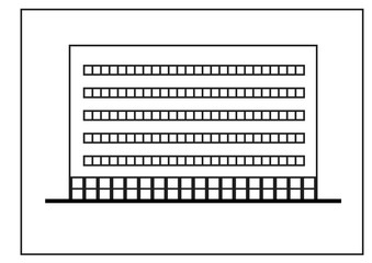 Contour building isolated on white background. Apartment or office. Vector illustration. Black frame