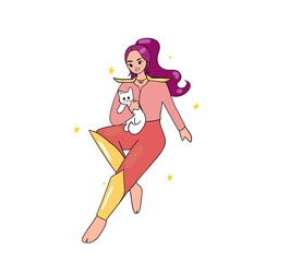 Girl with a cat , superhero superwoman fantastic  illustration for kids , magic. Cute cartoon style.  