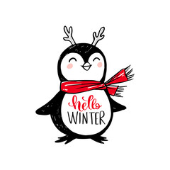 Doodle penguin with red scarf, horns and hand draw inscription Hello Winter isolated on white.