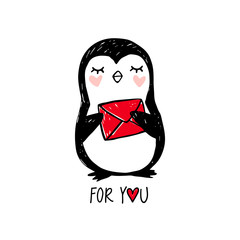 Hand drawn cute penguin isolated on white. Doodle cute animal illustration. Vector character.