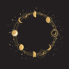 Hand Drawn Gold Logo Frame with golden moon phases and stars. Abstract Golden Round Frame on white background