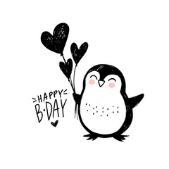 Happy Birthday greeting card with cute penguin, ballons and hand draw lettering inscription. Doodle cute animal illustration.
