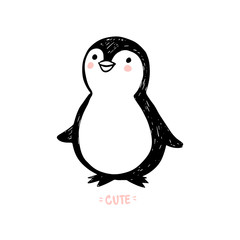 Hand drawn cute penguin isolated on white. Doodle cute animal illustration. Vector character.