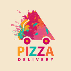 Vector banner for a pizzeria on the theme of pizza delivery. Creative illustration with an inscription and an abstract image of a pizza slice on wheels in the form of a car