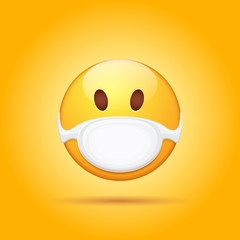 Vector Emoji sticker with mouth medical protection mask isolated on orange background. Yellow smile face character with white surgeon mask. Self isolation concept ilustration or icon