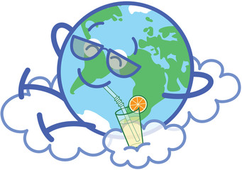 Mischievous planet Earth in minimalist style wearing sunglasses and happily smiling while laying on fluffy clouds. It's enjoying a refreshing orange cocktail and taking a well deserved break