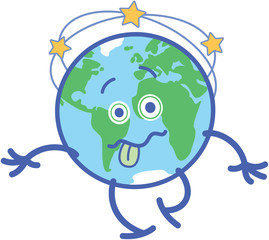 Cute planet planet Earth in trouble while walking unsteadily and looking sick. It is sticking its tongue out and feeling dizzy while stars spin around it