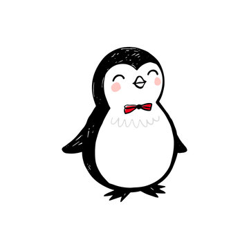 Hand drawn cute penguin isolated on white. Doodle cute animal illustration. Vector character.