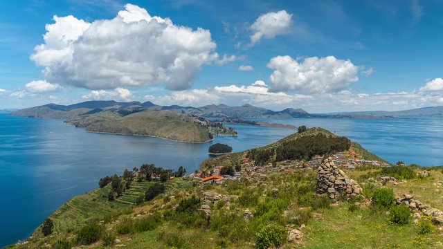 Timelapse view of Island of the Sun (Spanish: Isla del Sol ), known as the birthplace of the sun and the Inca bloodline, on Lake Titicaca in Bolivia, South America.
