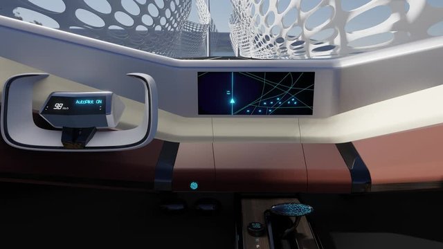 3D render animation of a futuristic car interior, with the blinking autopilot in the car cockpit, conceptual steering wheel. The car goes over the bridge