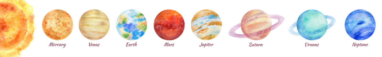 A bright colorful watercolor illustration of a solar system on a white background.  A set of 8 planets: Mercury, Venus, Earth, Mars, Jupiter, Saturn, Uranus, Neptune. Isolated space objects.