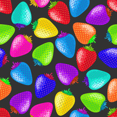 multicolored bright strawberry on black background.  seamless pattern. Texture for fabric, wrapping, wallpaper. Decorative print.
