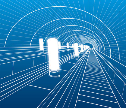 Escalator in the subway. Transport infrastructure illustrations. Urban life. White line on blue background. Outline images for your project. Vector design art