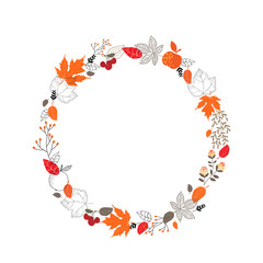 Wreath with red, orange, brown and yellow leaves. Autumn vector illustration isolated on white background.