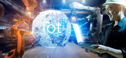 Asian engineer smart factory 4.0 machine IOT internet of thing digital technology futuristic, 3D digital process industry productive management smart technology app hologram system control production