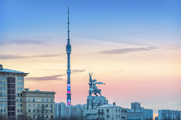 Останкинская башня Ostankino Tower and Monument Worker and Collective Farm Girl