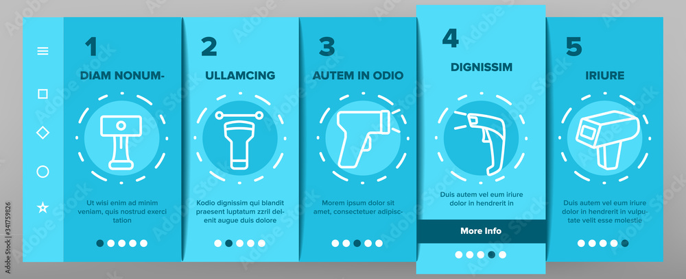 Poster barcode scanner device onboarding icons set vector. scanner electronic equipment for scanning and re
