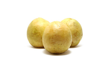 Three red guavas (Psidium guajava) isolated on white background, perfect for breakfasting during ramadan
