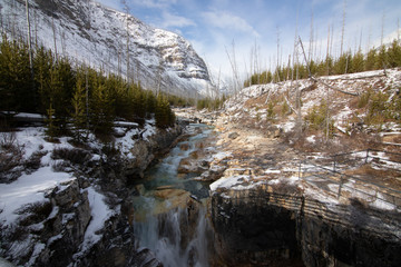 Paisaje. Río, rocas y árboles en invierno