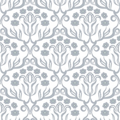 Damascus seamless floral classic pattern, grey and white background. Elegant Wallpaper, fabric