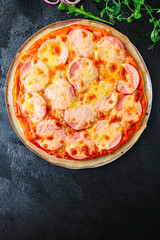 pizza sausage, tomato sauce, cheese Menu concept, food background, diet. top view. copy space for text