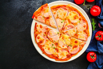 pizza sausage, tomato sauce, cheese Menu concept, food background, diet. top view. copy space for text