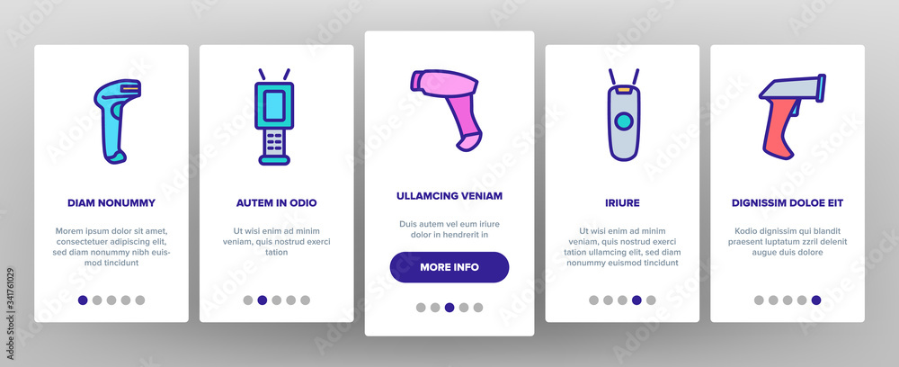 Poster barcode scanner device onboarding icons set vector. scanner electronic equipment for scanning and re