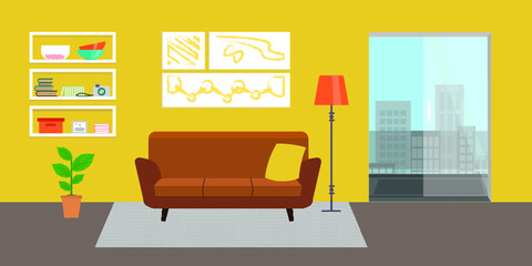 Living room with furniture. Flat style vector interior illustration . Sofa, pillow,  lamp, pictures on wall, flower, shelf. Daylight apartments . Hotel suite with city views. Upstairs. Renting a home