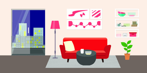 Living room with furniture. Flat style vector interior illustration . Sofa, pillow,  lamp, pictures on wall, flower, shelf. Daylight apartments . Hotel suite with city views. Upstairs. Renting a home