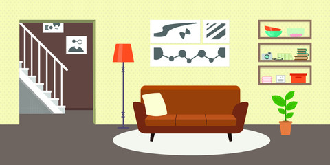 Living room with furniture. Flat style vector interior illustration . Sofa, pillow,  lamp, pictures on wall, flower, shelf. Daylight apartments . Hotel suite with city views. Upstairs. Renting a home