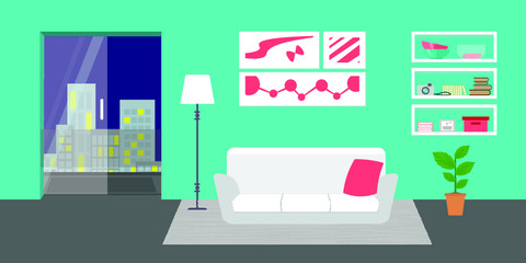 Living room with furniture. Flat style vector interior illustration . Sofa, pillow,  lamp, pictures on wall, flower, shelf. Daylight apartments . Hotel suite with city views. Upstairs. Renting a home