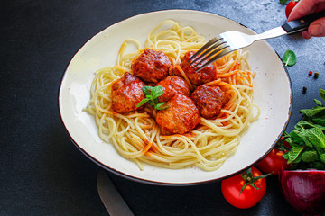 pasta spaghetti meatballs tomato sauce, main course Menu concept, food background, diet. top view. copy space for text